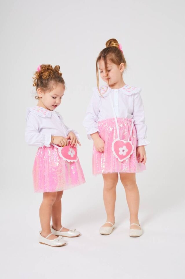 Pembe Çantalı Çiçek Desenli Pullu Alt Üst Takım