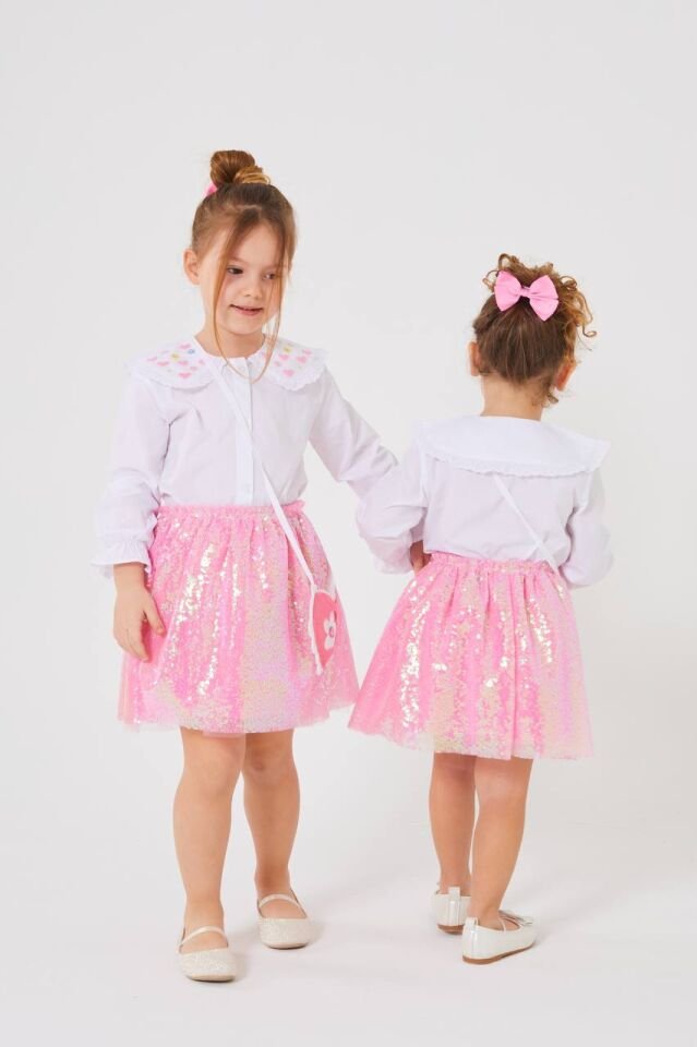 Pembe Çantalı Çiçek Desenli Pullu Alt Üst Takım