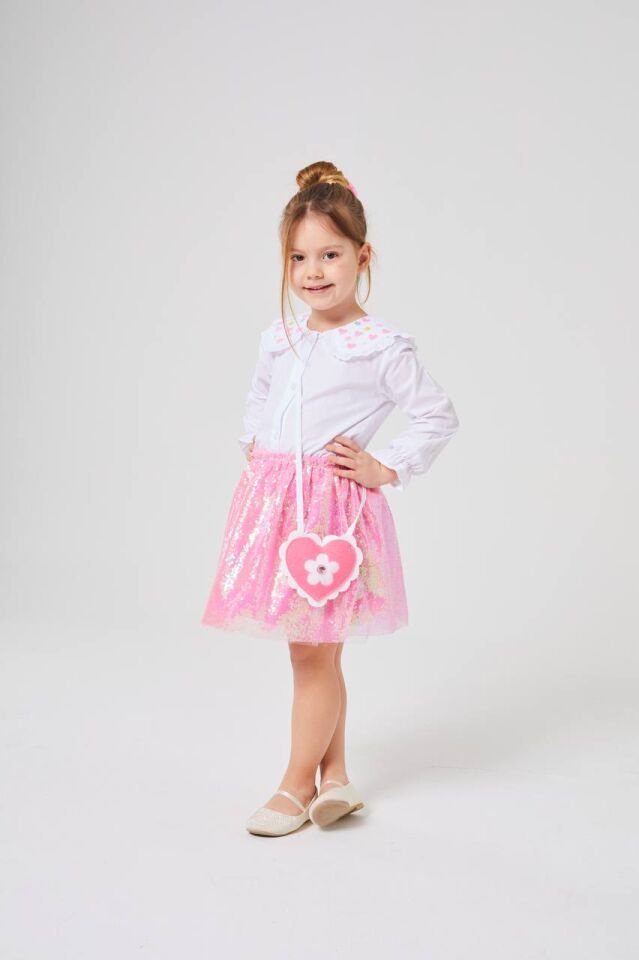 Pembe Çantalı Çiçek Desenli Pullu Alt Üst Takım