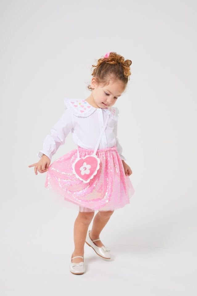 Pembe Çantalı Çiçek Desenli Pullu Alt Üst Takım